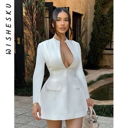 Sexy Deep V Neck Slim Fit Corset Mini Dress Women Long Sleeve Pockets Zipper A-line Dresses 2024 Spring Fall Night Prom Clothes