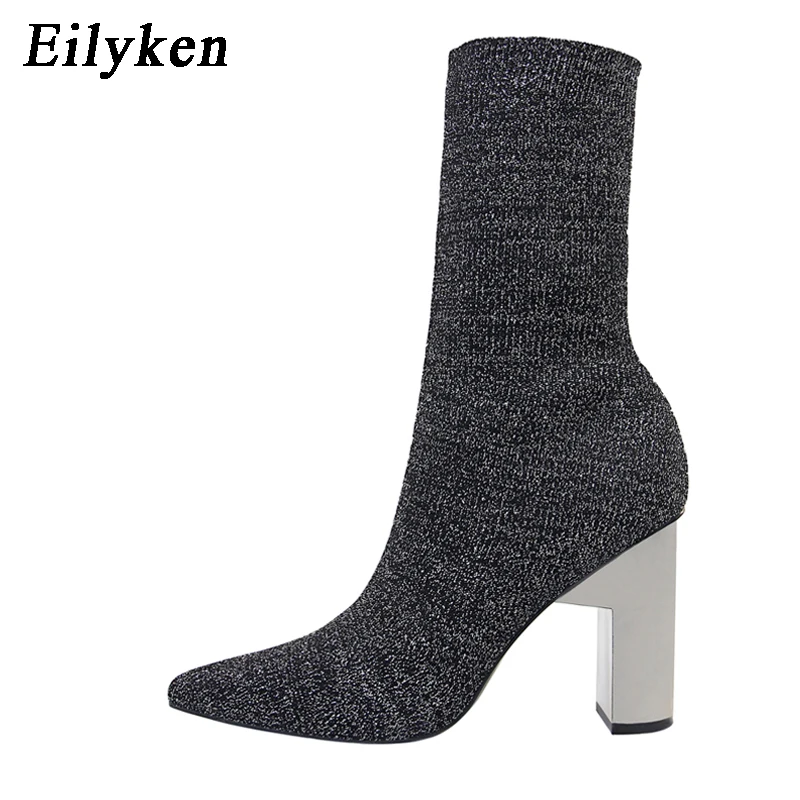 Eilyken Women Fetish Stretch Sock Boots Metal Block High Heels 9.5cm Short Ankle Boots Chunky Stripper Shoes Zapatos Mujer