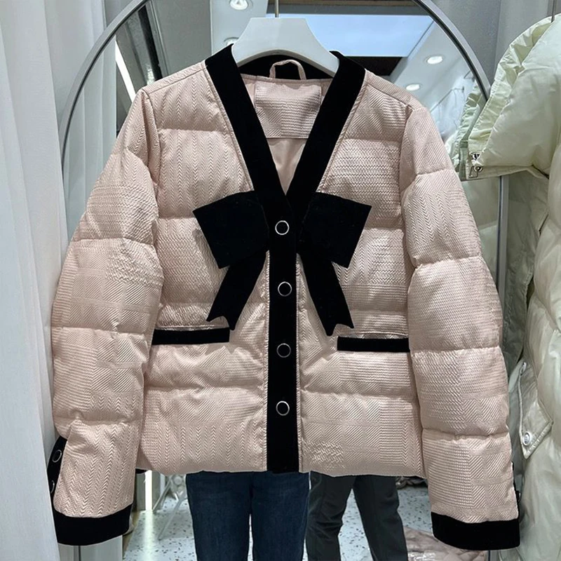 2024 Small Fragrant Winter Jacket Chic Bow V Neck Parka Ultra Light Warm Casual Coat Cotton Padded Parka Fashion Loose Outwear