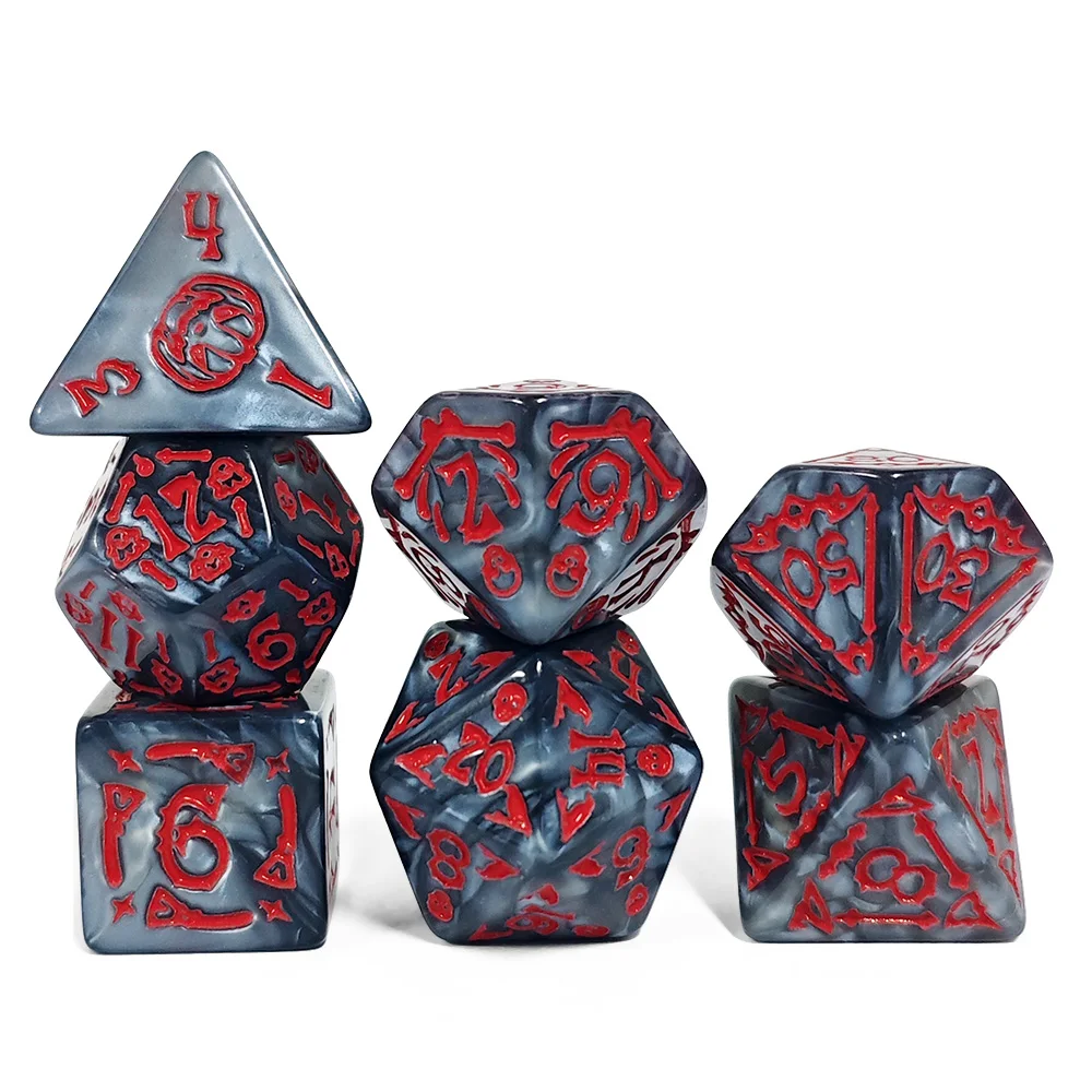 Dark Gray Marbled Acrylic Dice Set with Red Gothic Numbers, 7PCS Polyhedral Dice for D&D Tabletop Games