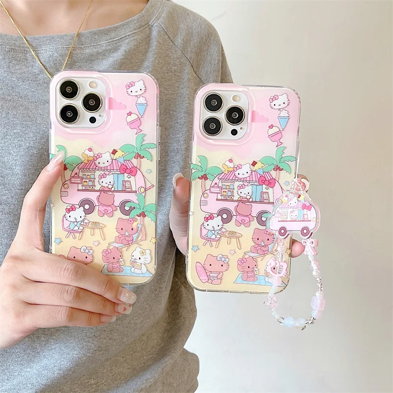 

Summer Beach Cute sell ice cream Hello Kitty Bling Glitte Phone Case For iPhone 13 14 15 16 Pro Max surf Bikini Kitty Cat Cover