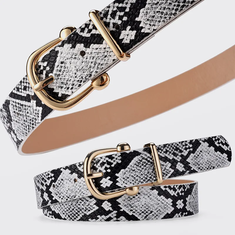 Women Snake Pattern Belts Retro Trend Pu Leather Golden Buckle Waistband Luxury Brand Female Ethnic Style Jeans Belts