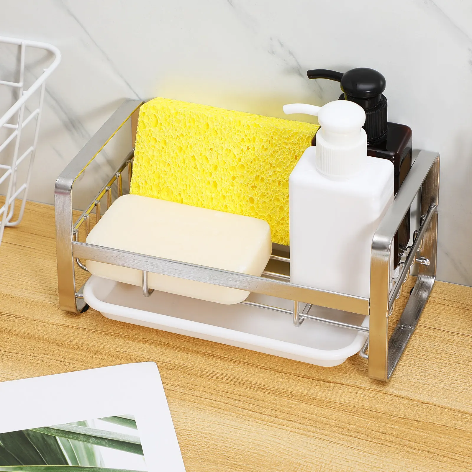 Stainless Steel Sponge Holder Kitchen Sink Organizer Dish Soap Holder No Drill Design Draining Tray Sink Basket