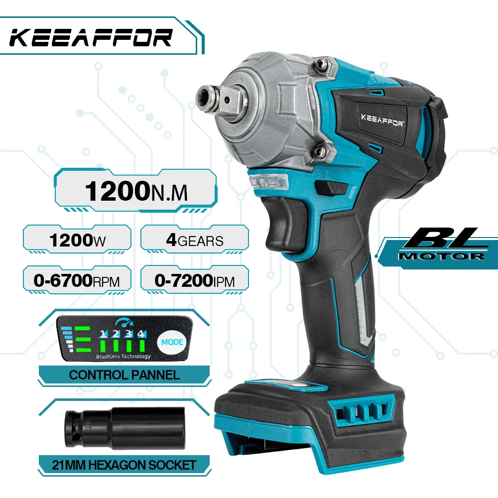 KEEAFFOR Brushless 1200N.M Electric Impact Wrench 1/2 Inch Cordless Electric Drill Screwdriver Power Tool For Makita 18V Battery