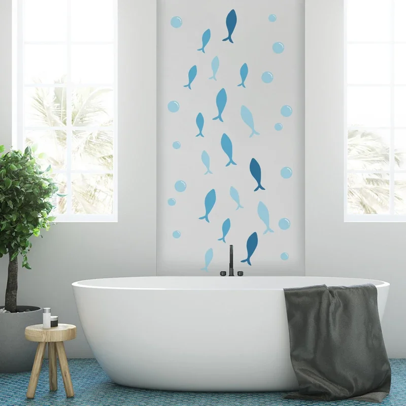 42pcs/set Blue Fish Vinyl Wallsticker for Baby kids Room Bathroom DIY Stickers Ocean Fish Scene Nursery Decoration Art PA169