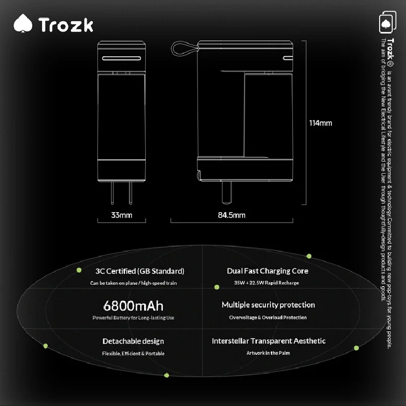 Trozk TP10 Power Bank 6800mAh 22.5W Fast Charging Portable 3C Certified Compact Airplane-Friendly Small Multifunctional Safety