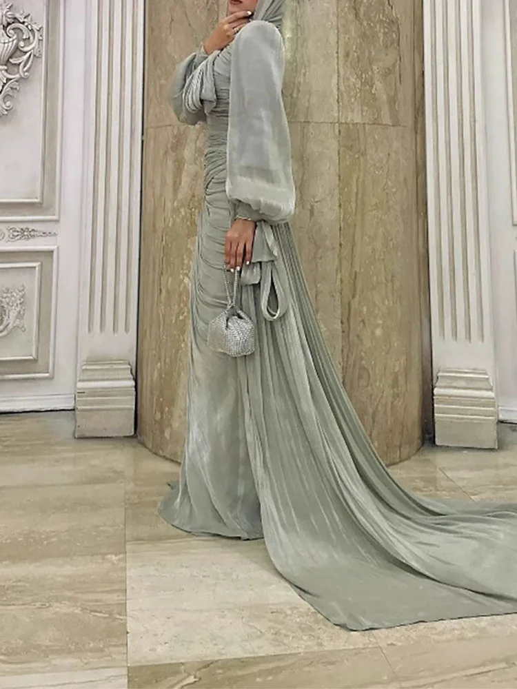 Elegant Lantern Long Sleeve Party Dress Temperament Women High Waist Banquet Maxi Dress Luxury Solid Pleated Slim Evening Dress