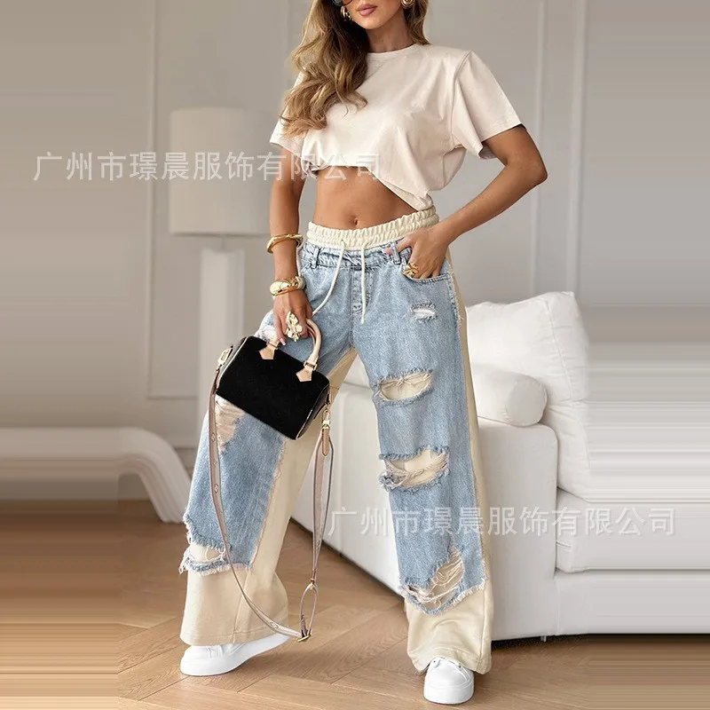 Pantalones vaqueros rasgados de retales callejero para mujer, pantalones vaqueros holgados con cordón y bolsillos de cintura baja, pantalones de pierna recta con cremallera, pantalones informales 2025