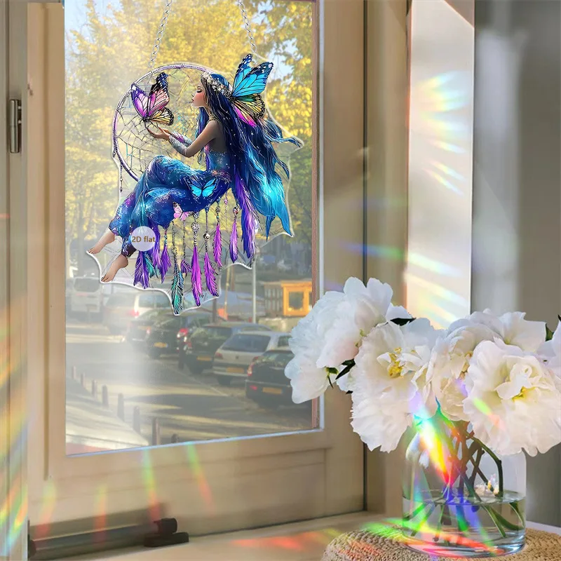 Fairy Tale Forest Fairy Colorful Acrylic Window Film Hanging Decoration, a garden ornament that captures sunlight and creates a