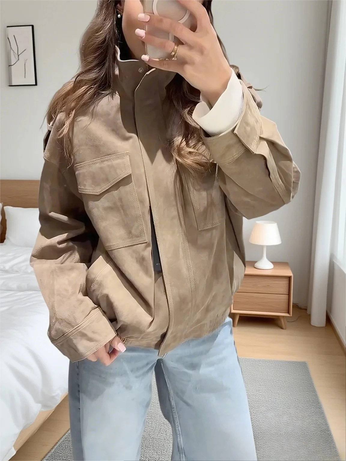 

KONDALA повседневные замшевые осенние свободные куртки женские с длинными рукавами и карманами куртки-бомберы мода 2025 осенняя уличная одежда на молнии верхняя одежда