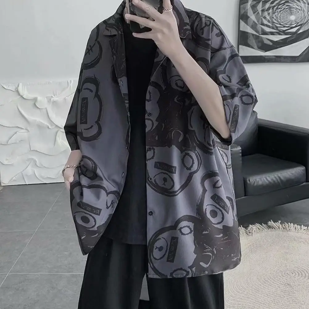 Cartoon Bear Pattern Shirt Stylish Men's Ice Silk Printed Shirt with Half Sleeves Loose Fit Korean Style Cardigan for Vacation