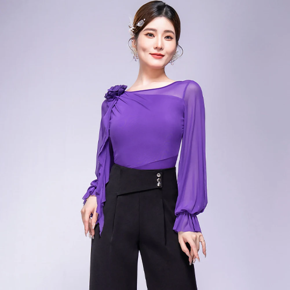 Top latino para mujer, ropa de flores tridimensional con cuello redondo azul oscuro, manga de linterna de Samba para práctica de color rojo vino