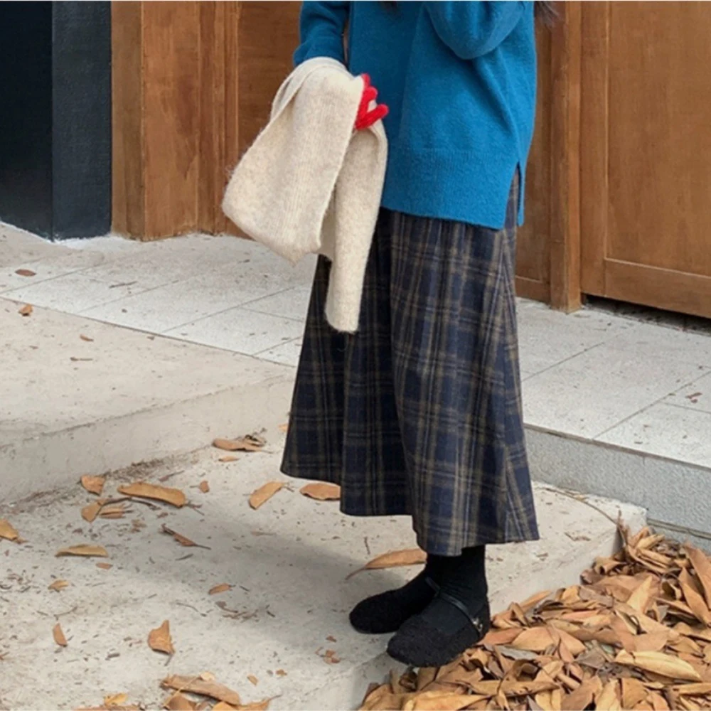 Vintage Plaid Skirt Color Block A-Line Dress Simple Design Classic British style Long Hem Skirt For Autumn Winter Season