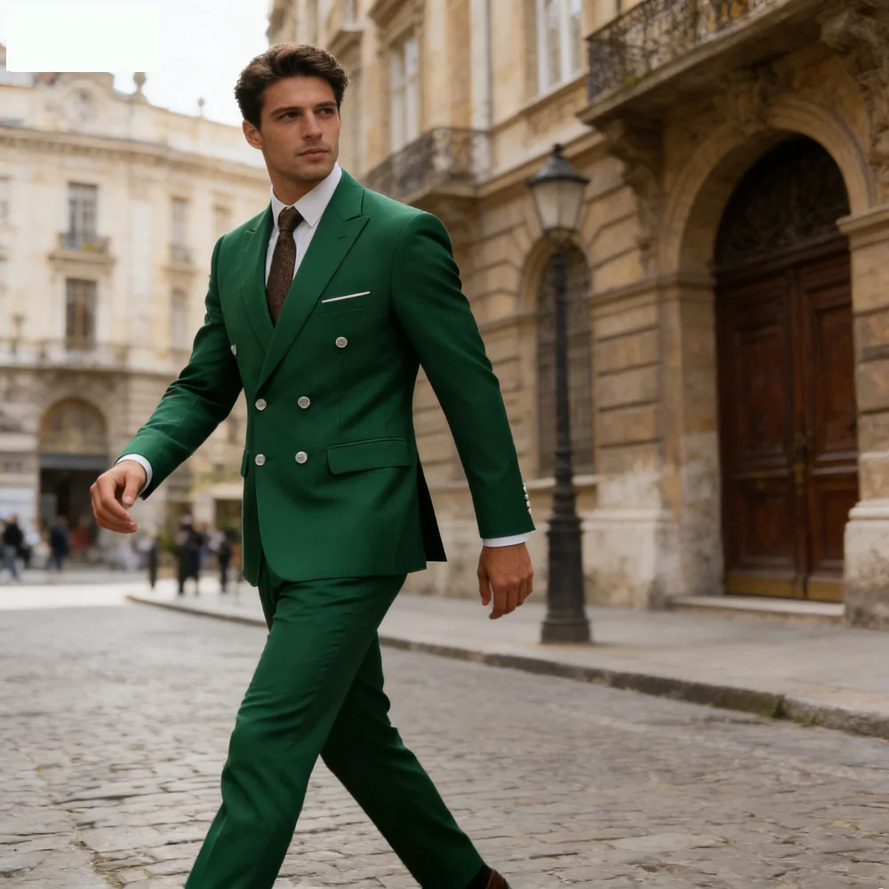 

Solid Man Double-breasted 2 Piece Outfit Set Peak Lapel Wedding Business Casual Stage Costume Graduation Suit