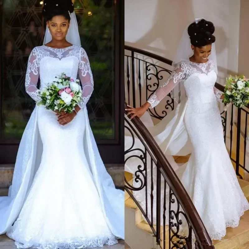 Personalizado primavera país renda sereia vestido de casamento com mangas trem destacável jóia pescoço branco africano nigeriano renda nupcial