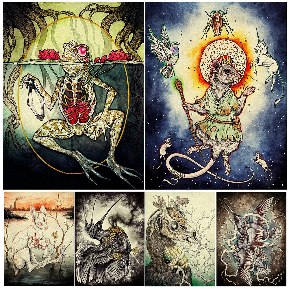 El ratón, Rey Bruja, Rana de loto, búho de cuatro alas, cuadro sobre lienzo para pared Vintage, pintura abstracta de huesos de animales, póster artístico, decoración impresa