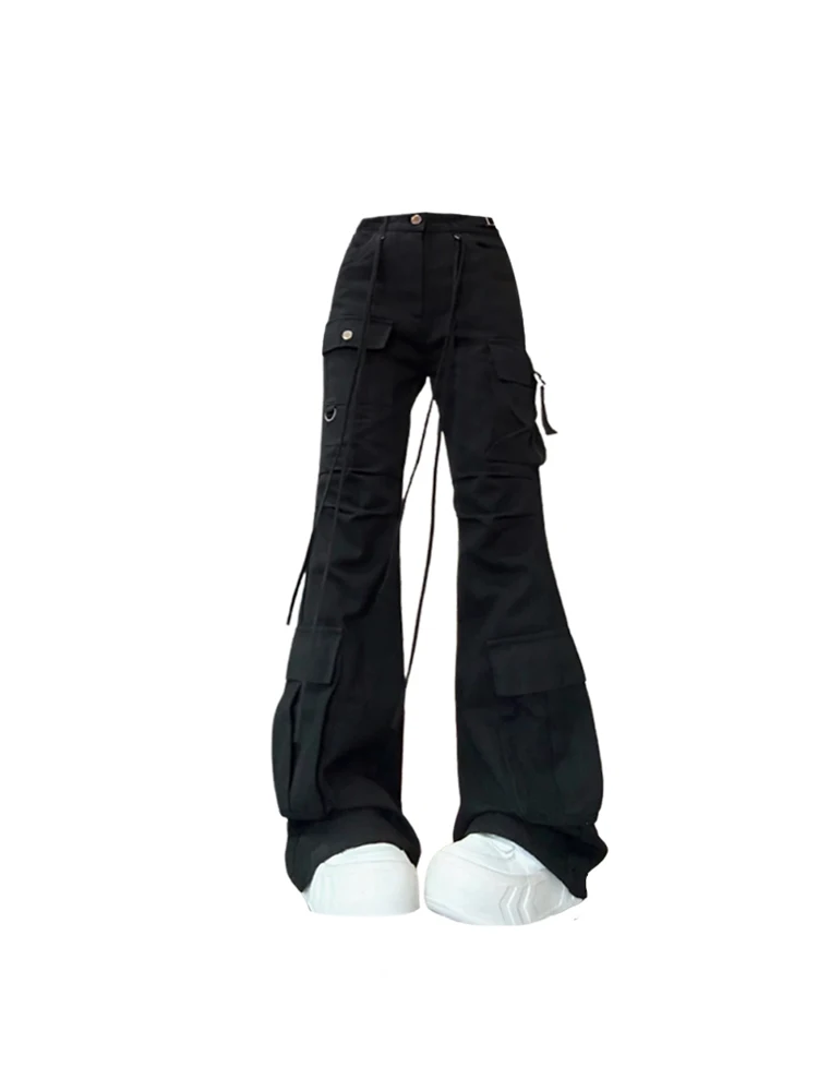 Women Black Gothic Flare Jeans Harajuku Vintage Emo 2000s Y2k Baggy Denim Trousers Oversize Wide Cowboy Pants 90s Trashy Clothes