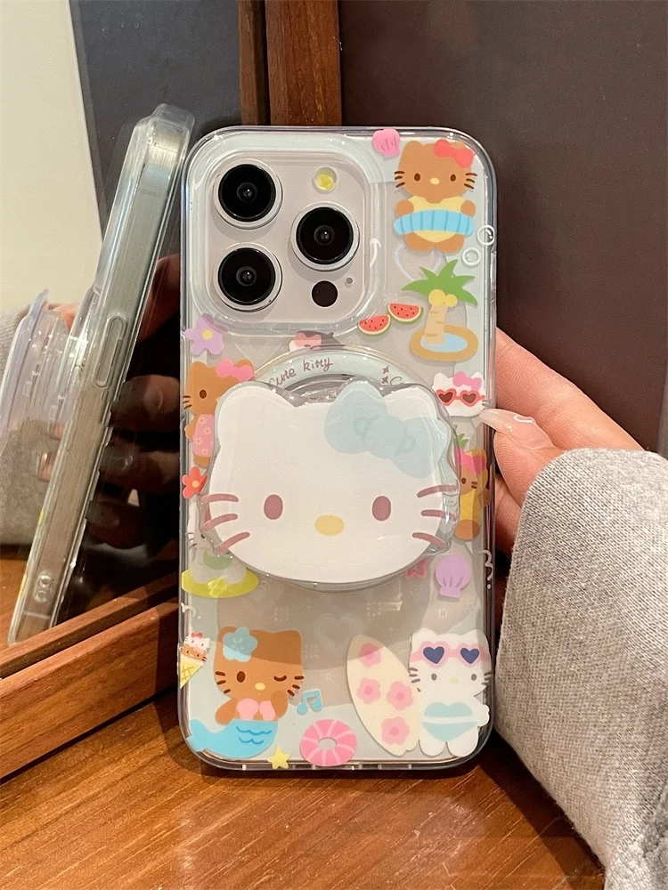 Cute Laser Heart Love Kitty Hello Mermaid Magsafe Wireless Charge Clear Case For iPhone 12 13 14 15 Pro Max KT Magnetic Stand