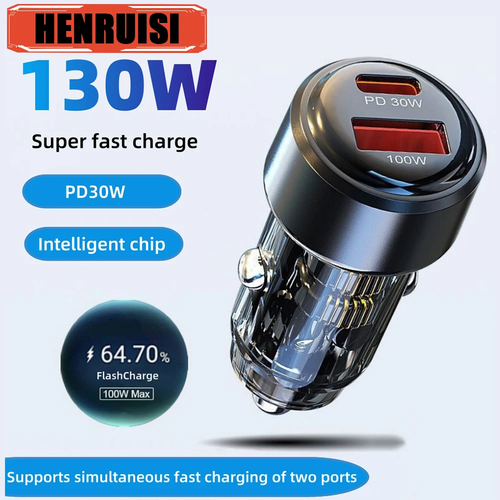 

USB C 130W Car Charger 2 Ports Super Fast Charge PD QC 3.0 Car Phone Charger For iPhone 15 Xiaomi Huawei Oneplus Realme