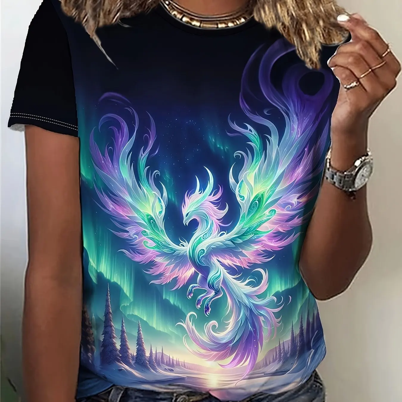 Camiseta de mujer con estampado gráfico de Myth Phoenix, moda Retro informal de calle con cuello redondo, ropa de verano de gran tamaño para mujer de talla grande