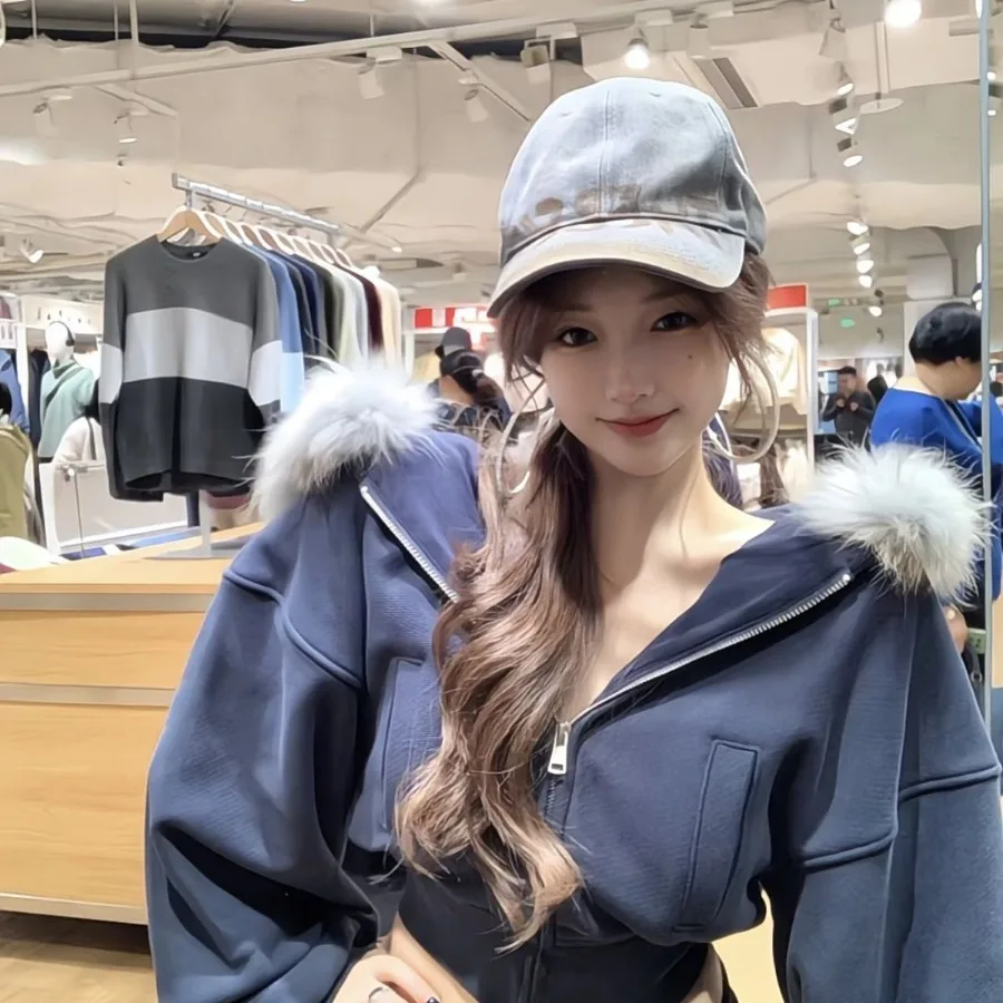 Y2k Cropped Jacket Vintage Fur Collar Short Sweatshirt Zip Hoodies Autumn Winter New Design Cardigan Coat Grunge Kawaii Clothes