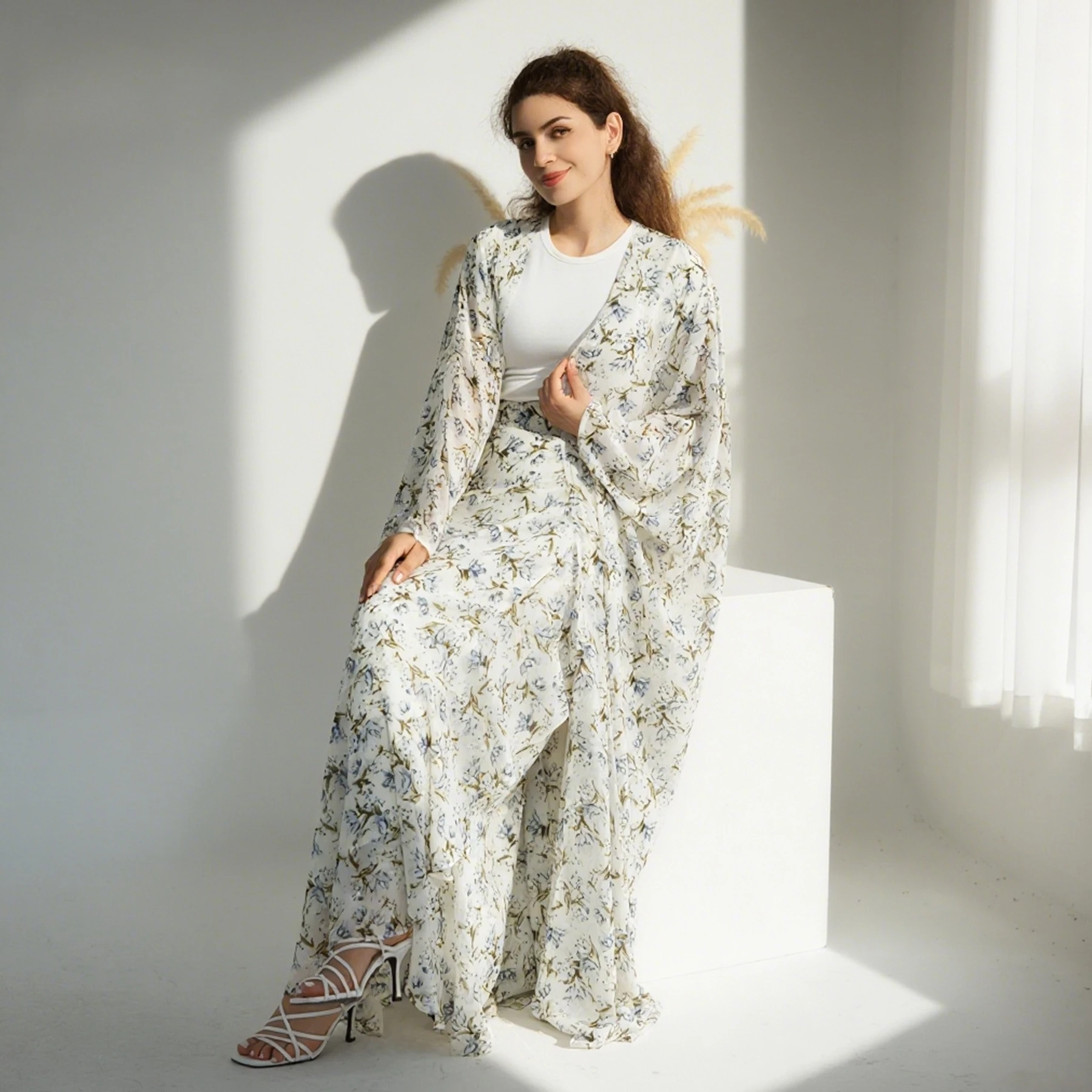 

Eid Chiffon Print Muslim Women Abaya Dress Dubai Luxury Kimono Cardigan with Skirt 2 Piece Set Kaftan Robe Islam Clothing Sets