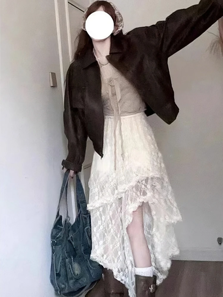 

Многослойная кружевная юбка в корейском стиле, женское новое осенне-зимнее асимметричное сетчатое платье, полудлинная юбка трапециевидной формы, винтажное платье Y2k