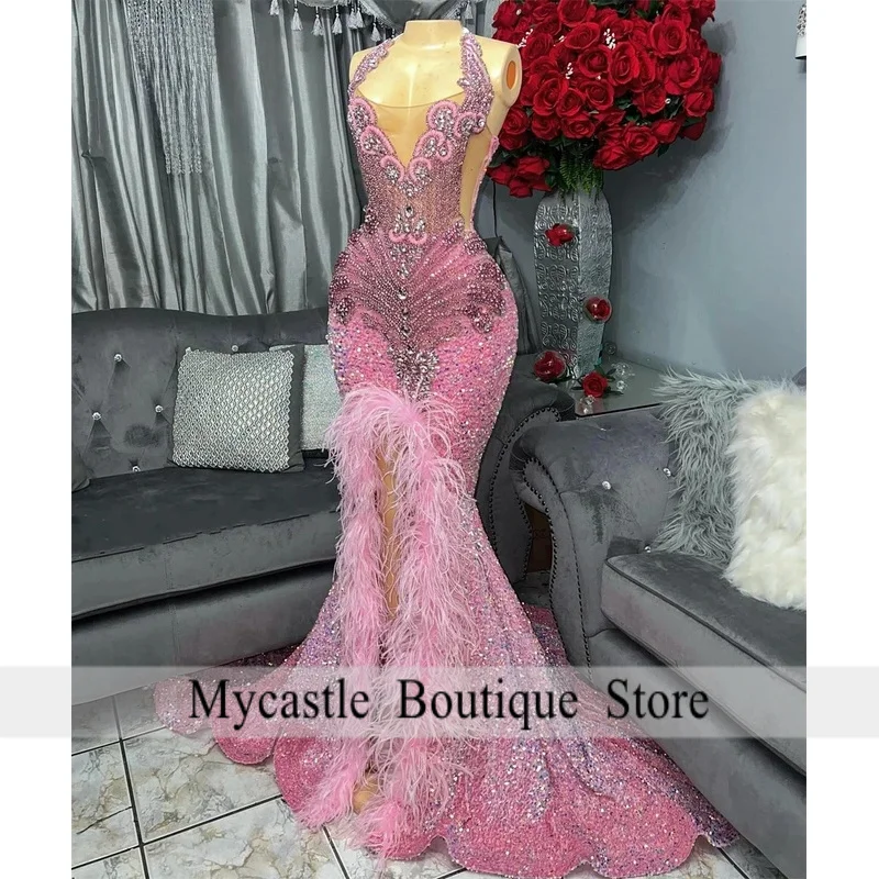 

Pink Sequin Beaded Rhinestones Prom Dress 2026es Black Girls Halter Feather Split 0 Birthday Luxury Dress Meramaid Customized