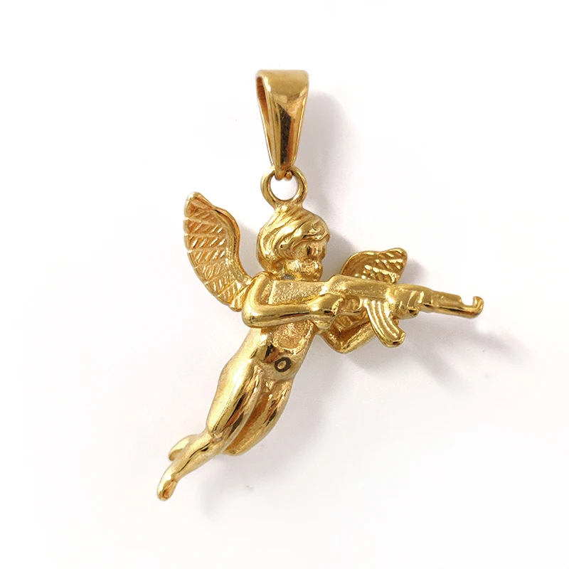 3D Angel Gun Pendant Necklace, 18K Gold Plated