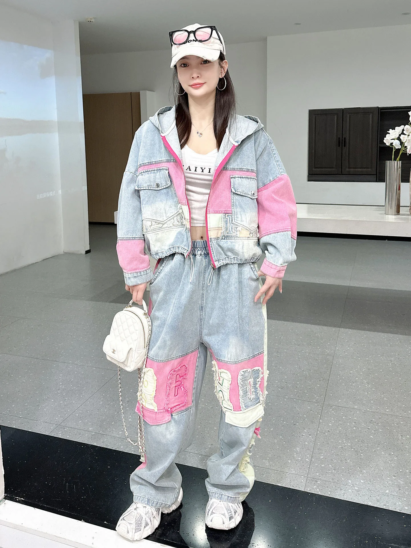Trendy Color Block Denim Jacket Women's Loose Casual Two-Piece Set Spring New Style Harlan Pants Dad Pants Suit Cotton Breath...