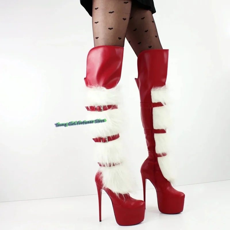 Christmas Party White Plush High-Heeled Women's Boots Belt Buckle Decorate Runway Style Boots  15 Cm Red High Heels