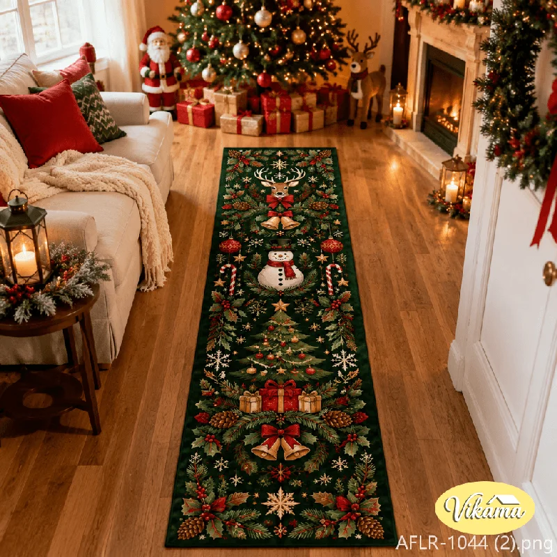 VIKAMA Christmas Hallway Runner Rug Reindeer Snowman Print Crystal Velvet Corridor Mat For Home Holiday Decor