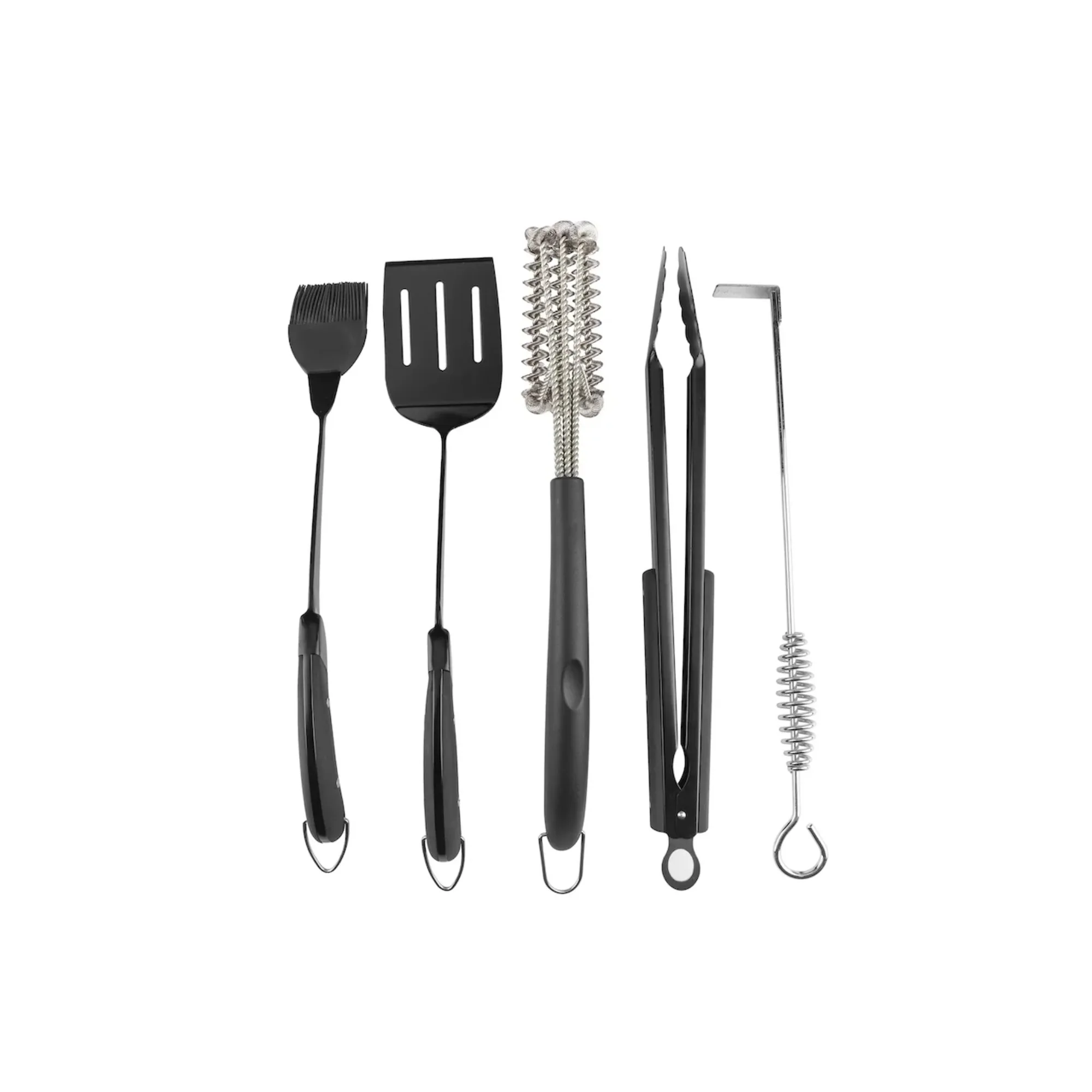 

5-piece silicone ergonomic handle grill cooking and cleaning set with spatula, tongs, basting brush and cleaning tool
