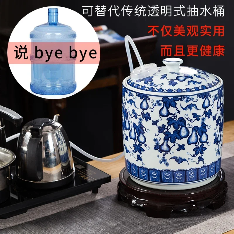 Purified water for tea with float valve Empty bucket water dispenser Cold pot Faucet water storage tank Blue and white porcelain