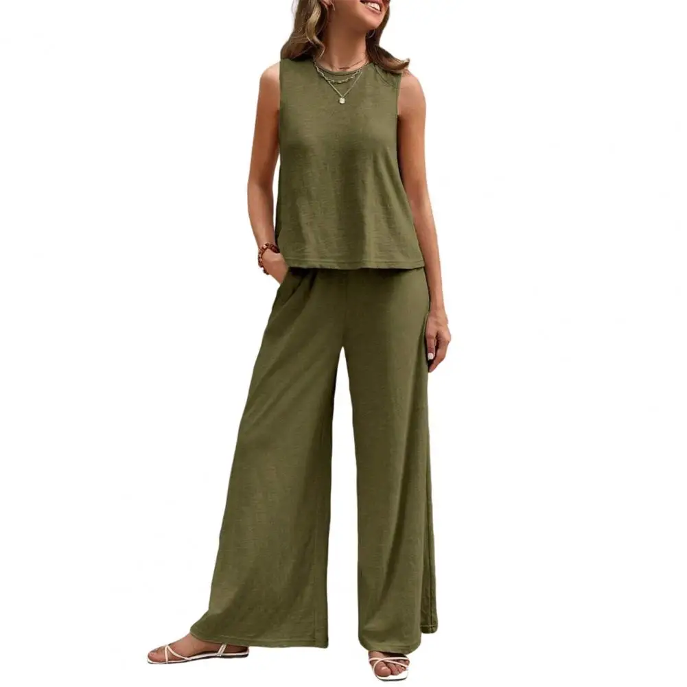 

2 Piece Sets Women Summer Sleeveless Vest with Wide Leg Vacation Beach Pant Suit Pockets Vintage Crop Tops Outfits