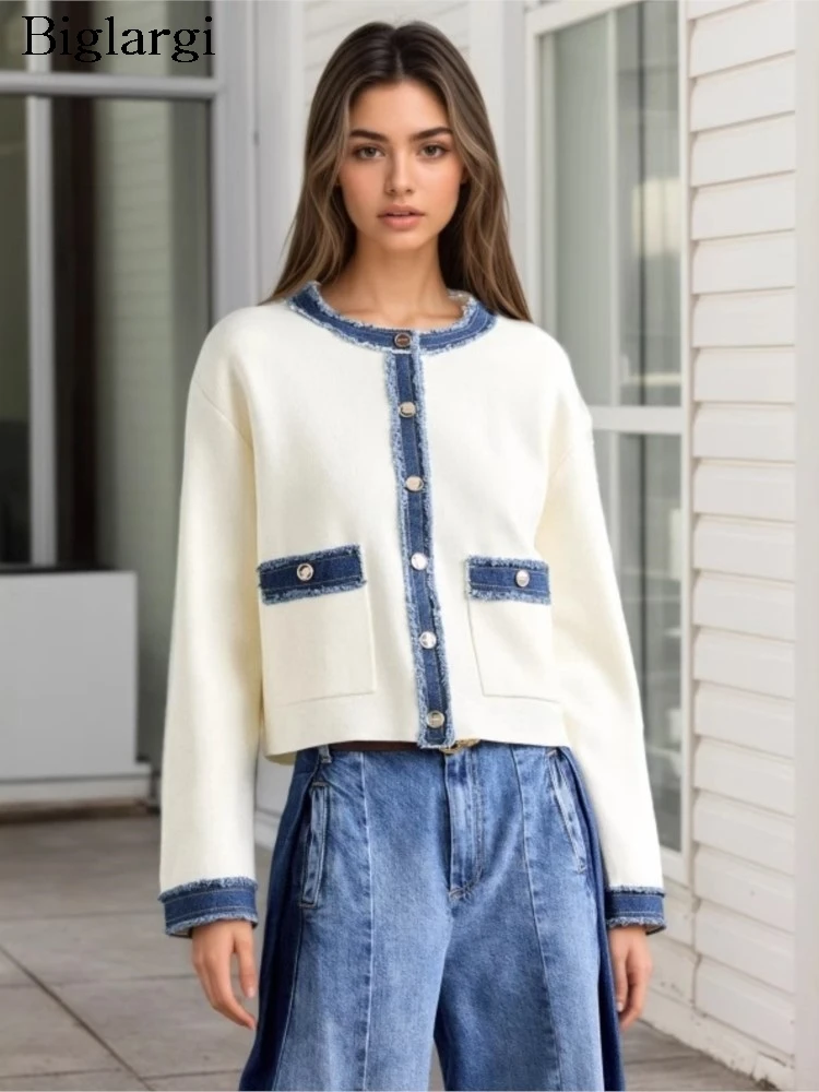 

Spring Autumn Long Sleeve Coat Women Denim Fringe Patchwork Fashion Loose Ladies Cropped Jackets Elegant Woman Coats