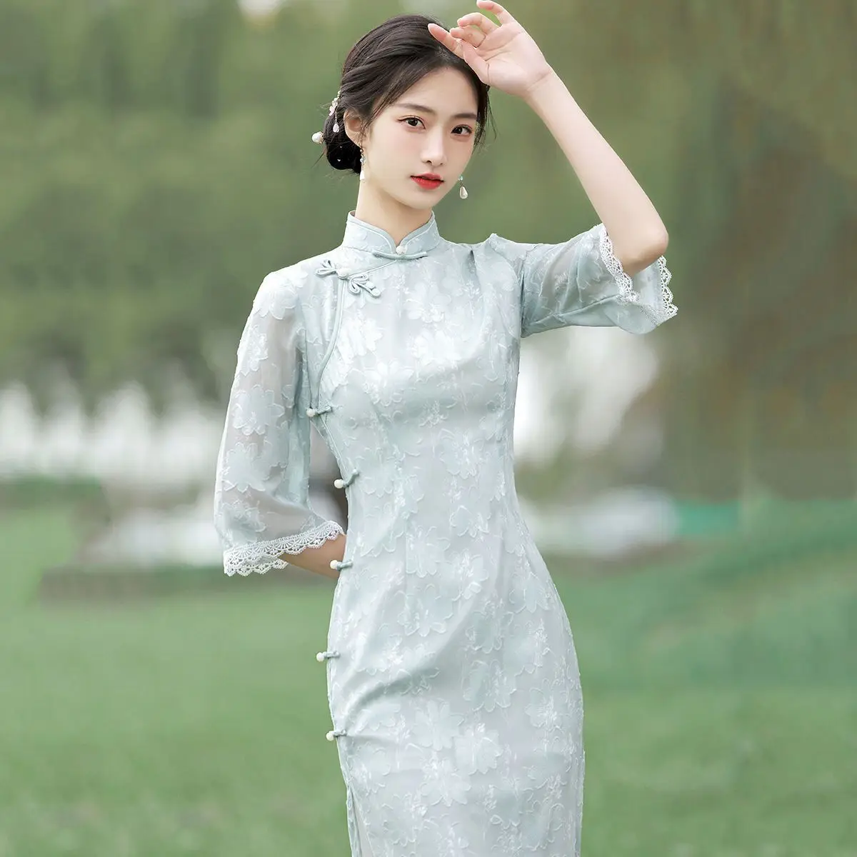 Stile cinese elegante Cheongsams Dress Summer Women Vintage Floral Green Pink Qipao Mini Dress Lady Chic Slim Vestidos