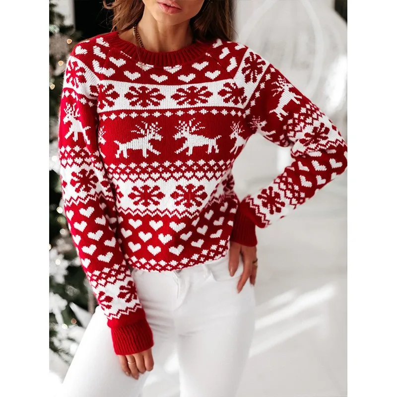 

Women's Snowflake Print Long Sleeve Christmas Sweater Round Neck Pullover Knitwear Tops Soft Blouse Xmas Moose Winter