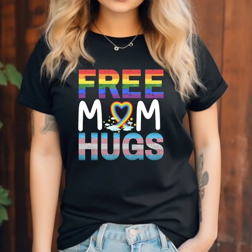 Mom Hugs T-Shirt LGBTQ Pride Proud Ally Tee Mother's Day Gift Clothes Women Tops Colorful Letter Print T Shirt Cotton Tees