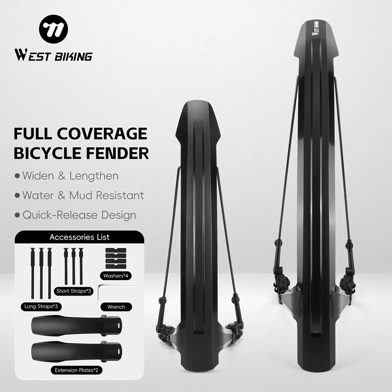 WEST BIKING Bike Fender Set 2PCS Full Coverage Bicycle Fender Quick-release Bike Front Rear Mudguard For 21c-42c Tire Bike Parts