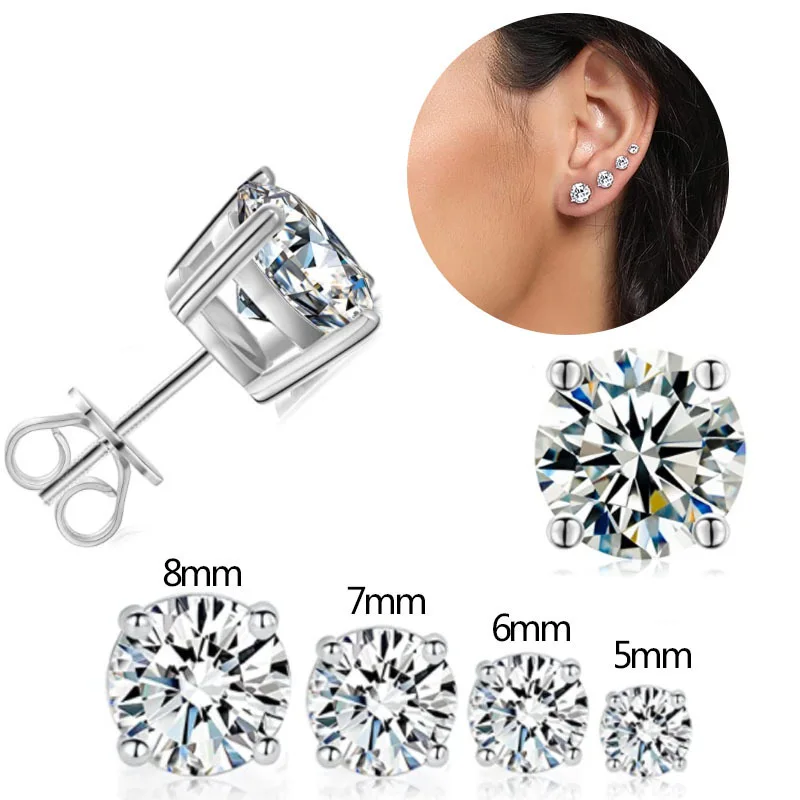 Crystal Zircon Real Silver Color 6/8mm Six-Post Silver Color Stud Earrings For Women Gift Jewelry No Fade Allergy Fashion