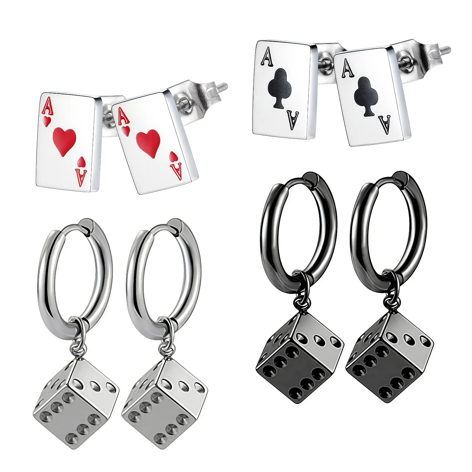 Stainless Steel Stud Earrings for Women Men Poker Queen of Red Hearts Dice Hoops Earrings Piercing Jewelry Accessories Casino
