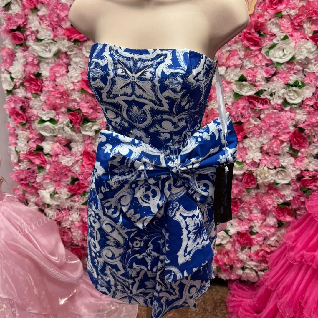 Robe de soirée cocktail imprimée blanche et bleue, avec gros nœud, douce 16, semi-formelle, robe de remise de diplôme Hoco, spectacle junior, entretien, vacances