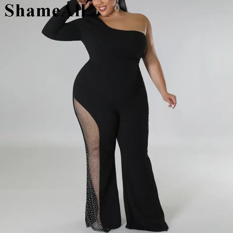 Plus Size Sequined Sheer Mesh Insert Bodycon Jumpsuits 4XL Women One Shoulder Long Sleeve Sexy Night Party Club Pants Palysuits