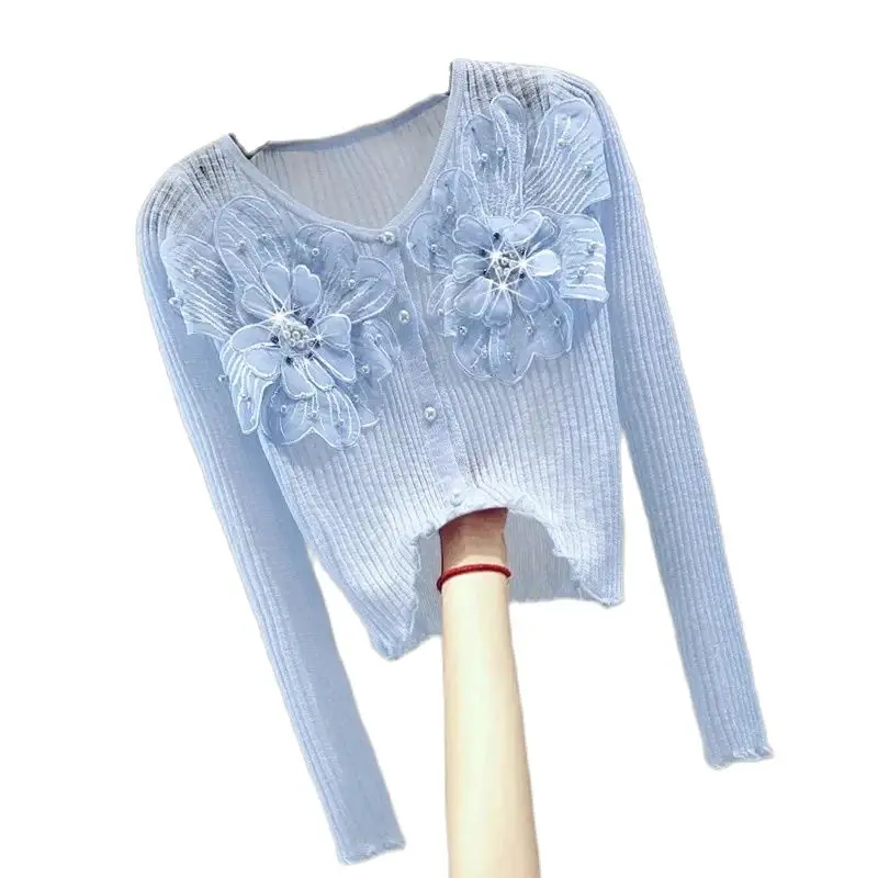 Temperament Embroidered Thin Ice Silk Sunscreen Shirt  Slim Beaded High Waist Short Solid Color Fashion Summer Sweater Women