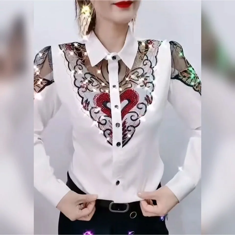 

Beading Lace Shirt 2025 Spring Long Sleeve Cardigan Casual Single-breasted Top Slim Fit Lovely Shirts For Women