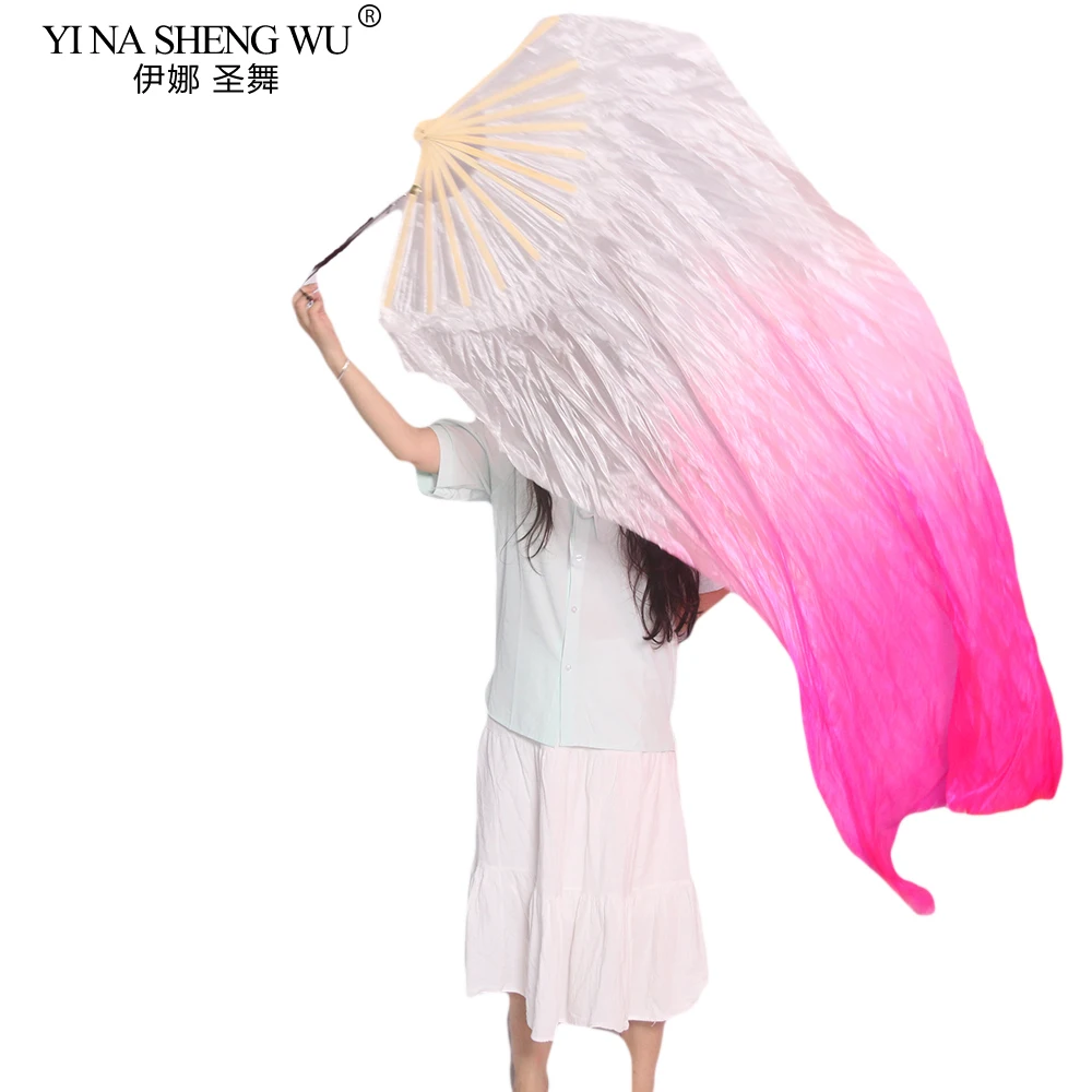 100% Real Silk Fan Veils for Belly DanceFolding Silk Fan Chinese Gradient Hand Made Dyed Fan Tie-dye Rope Throw Swing a Fan