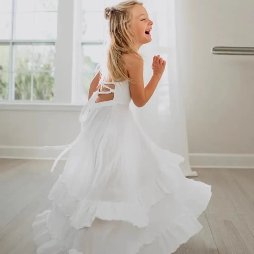 2026 Summer New Girls Backless Bohemian Long Dress Solid Children Sleeveless Vest Dress Linen Cotton Kids Holiday Dress
