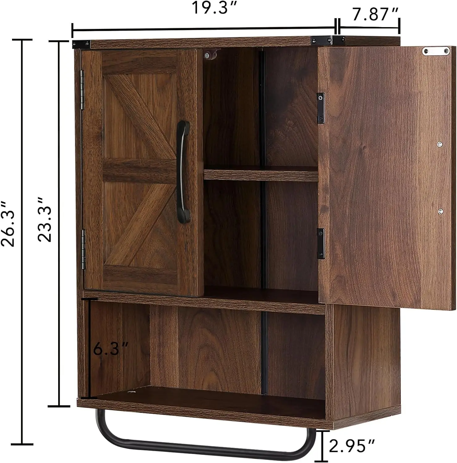 RUSTOWN-Armoire de Rangement Murale de Ferme avec Deux Portes de Grange, Armoire à Médicaments Rustique Montée avec Étagère Réglable et Porte-Serviettes