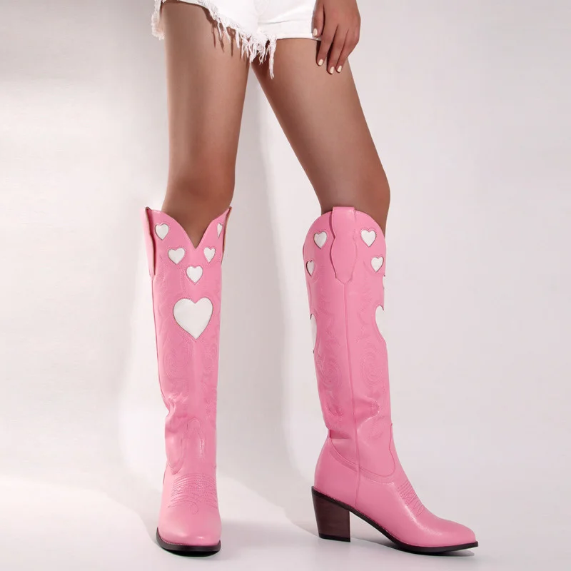 Fashion Pink Cowgirl Boots For Women Love Heart Western Cowboy Boots Pointed Toe Slip-On Chunky Heels Female Knee High Boots